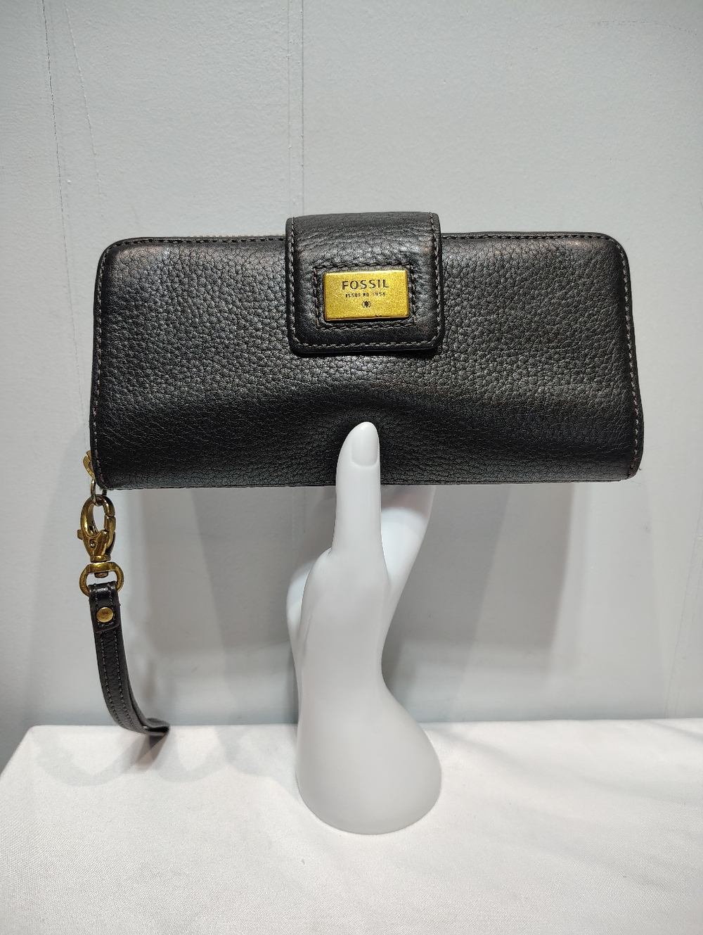 Fossil Black Leather Zip Around Wallet Wristlet Organizer Clutch Large